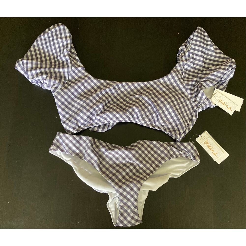 NWT Raisins White and Purple Gingham 2 piece Swimsuit SzL